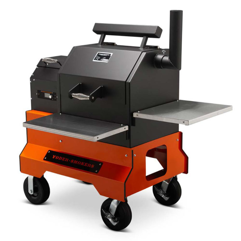 Yoder Smokers YS480S Competition Pellet Grill With Stainless Steel Shelves - Orange Cart