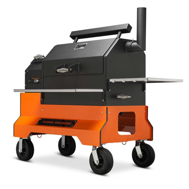 Yoder Smokers YS640S Competition Pellet Grill With Stainless Steel Shelves - Orange Cart