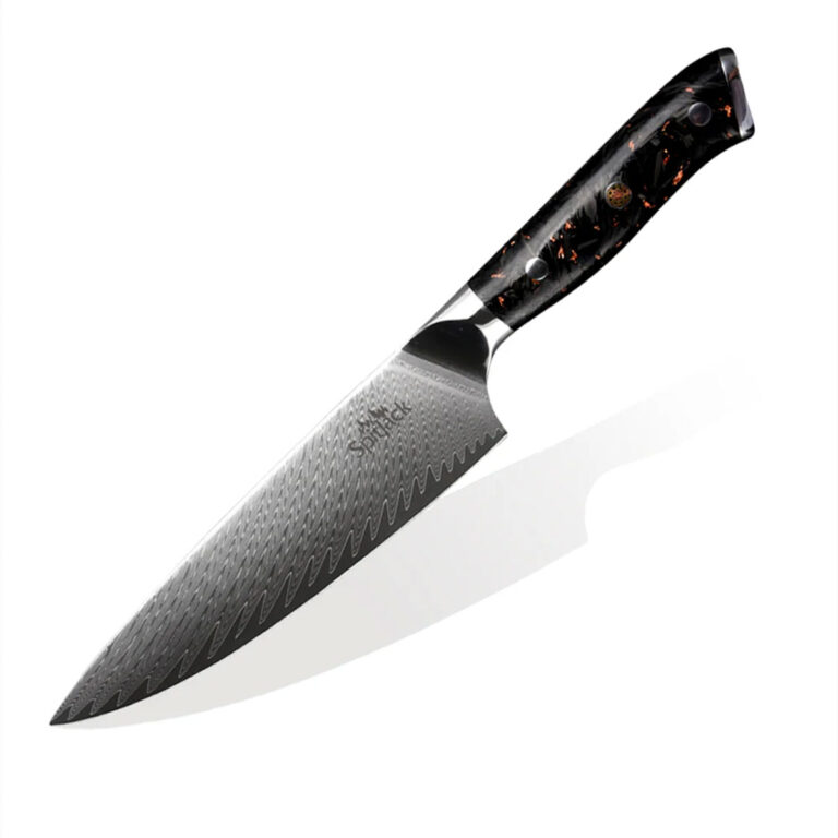 SpitJack Deluxe 8" Chef's Knife with Stainless Damascus Steel Blade and Carbon Fiber Handle